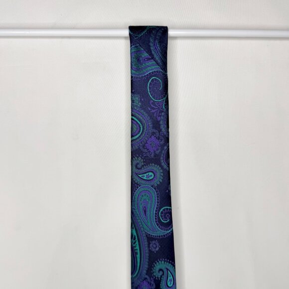 Hisdern Men's Neck Tie 3 ½” Purple Teal Paisley Handmade Necktie - Picture 4 of 10